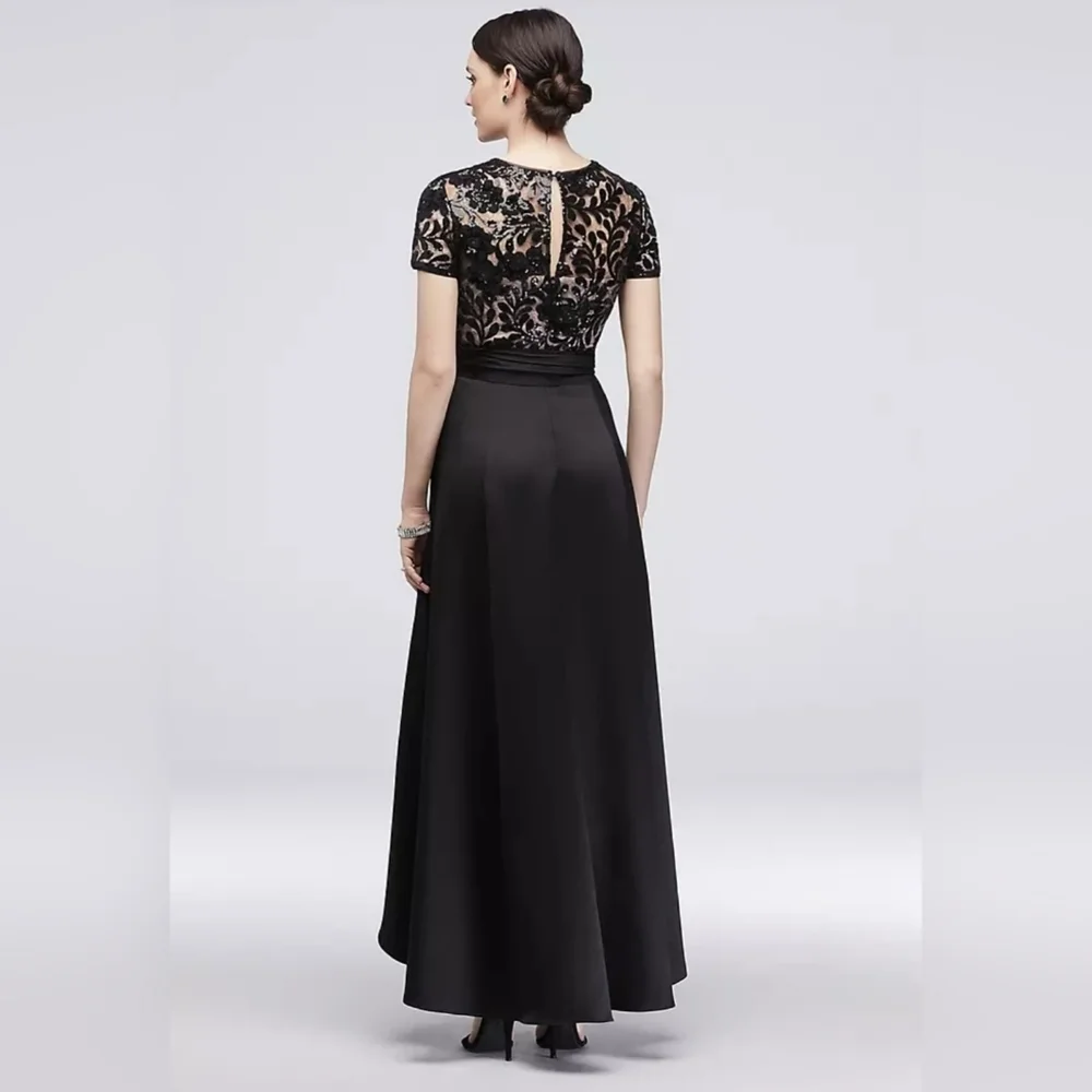 R&M Richards Black Satin & Sequined Lace A-Line High-Low Maxi Dress - Picture 4 of 14